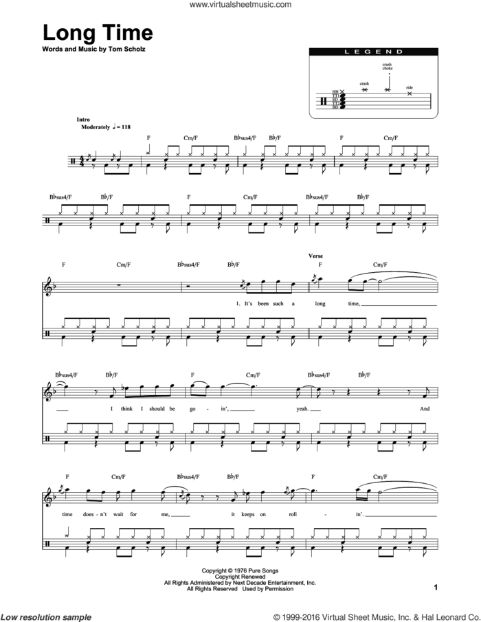 Long Time sheet music for drums by Boston and Tom Scholz, intermediate skill level
