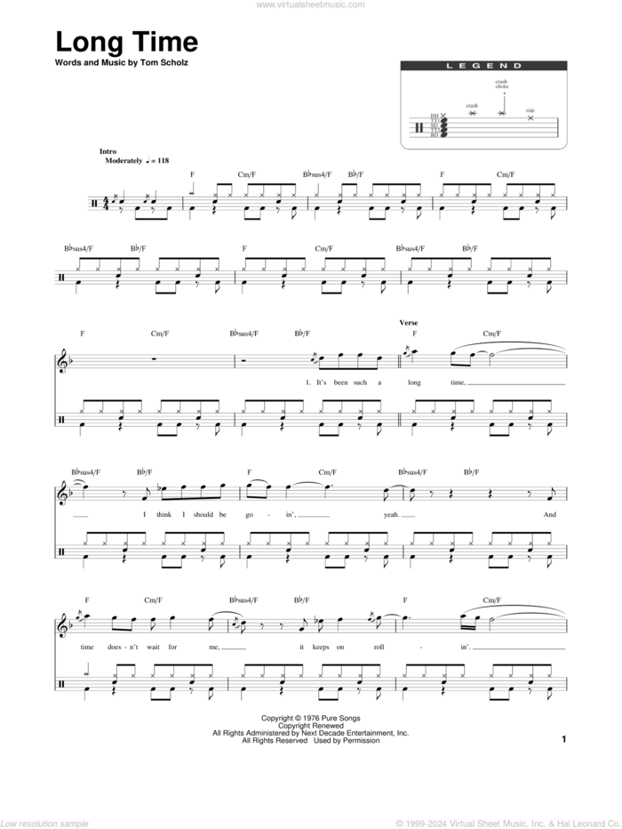 Long Time sheet music for drums by Boston and Tom Scholz, intermediate skill level