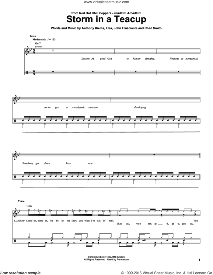 Storm In A Teacup sheet music for drums by Red Hot Chili Peppers, Anthony Kiedis, Chad Smith, Flea and John Frusciante, intermediate skill level