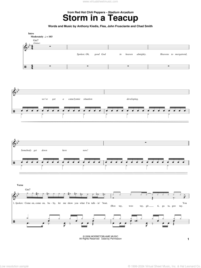 Storm In A Teacup sheet music for drums by Red Hot Chili Peppers, Anthony Kiedis, Chad Smith, Flea and John Frusciante, intermediate skill level