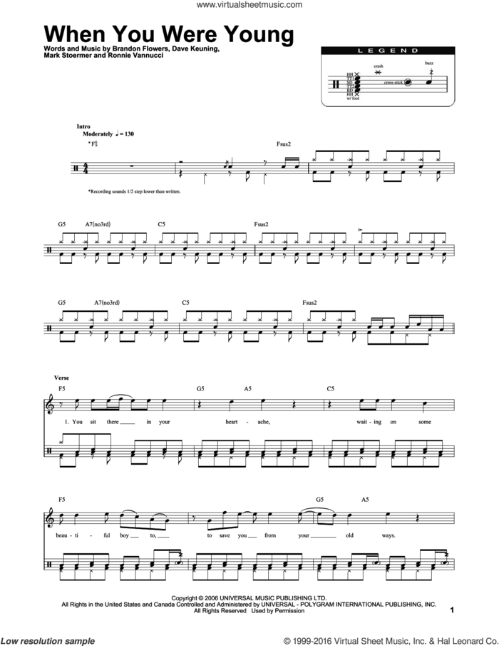 When You Were Young sheet music for drums by The Killers, Brandon Flowers, Dave Keuning, Mark Stoermer and Ronnie Vannucci, intermediate skill level