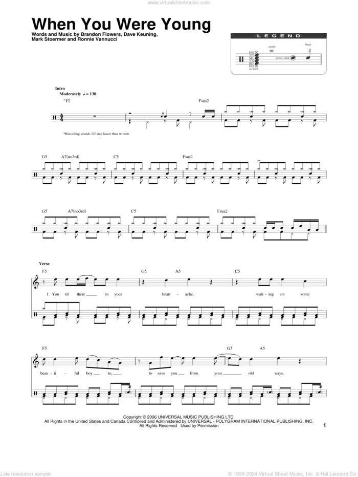 When You Were Young sheet music for drums by The Killers, Brandon Flowers, Dave Keuning, Mark Stoermer and Ronnie Vannucci, intermediate skill level