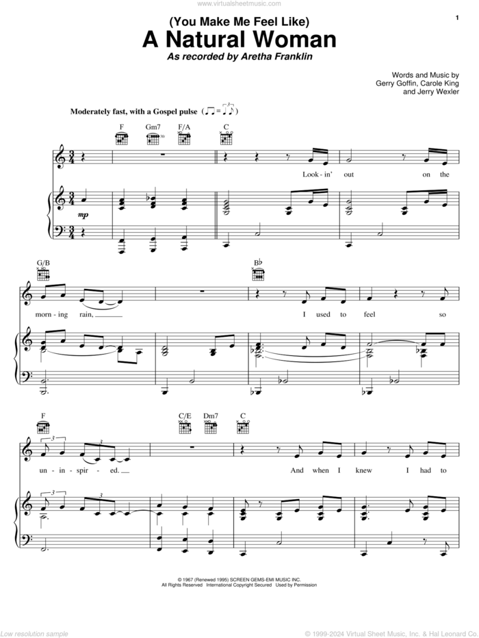 (You Make Me Feel Like) A Natural Woman sheet music for voice, piano or guitar by Aretha Franklin, Carole King, Gerry Goffin and Jerry Wexler, intermediate skill level