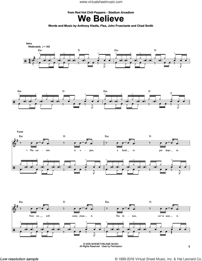 We Believe sheet music for drums by Red Hot Chili Peppers, Anthony Kiedis, Chad Smith, Flea and John Frusciante, intermediate skill level