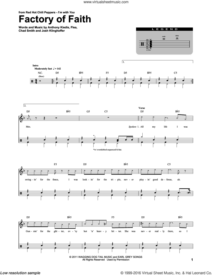 Factory Of Faith sheet music for drums by Red Hot Chili Peppers, Anthony Kiedis, Chad Smith, Flea and Josh Klinghoffer, intermediate skill level