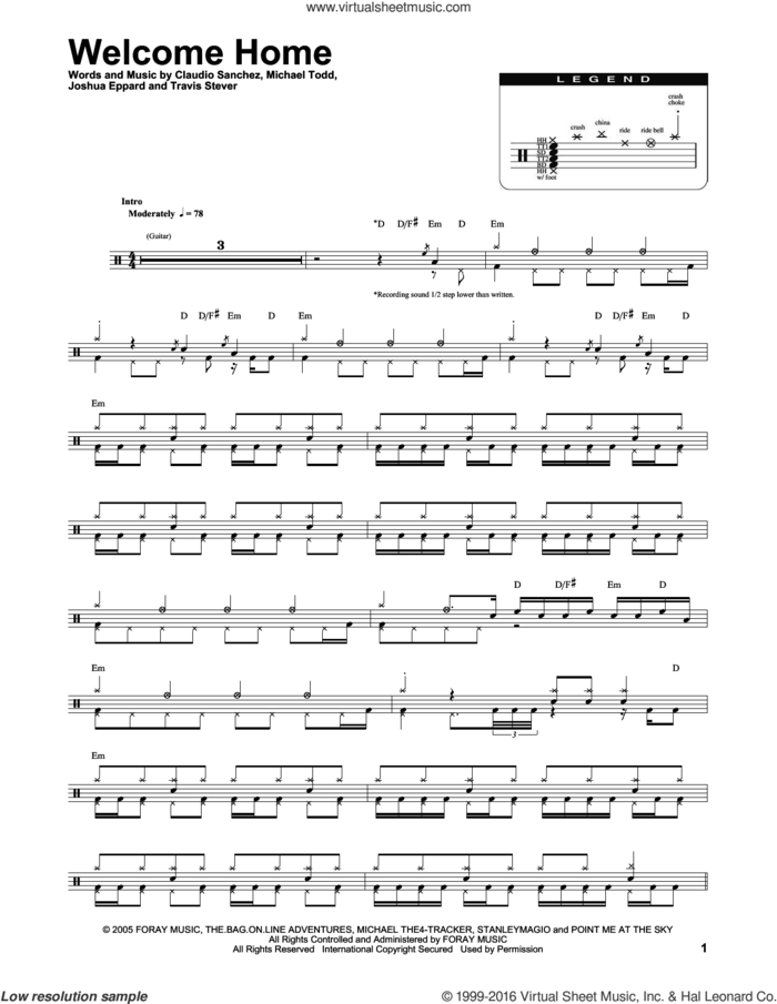 Welcome Home sheet music for drums by Coheed And Cambria, Claudio Sanchez, Joshua Eppard, Michael Todd and Travis Stever, intermediate skill level