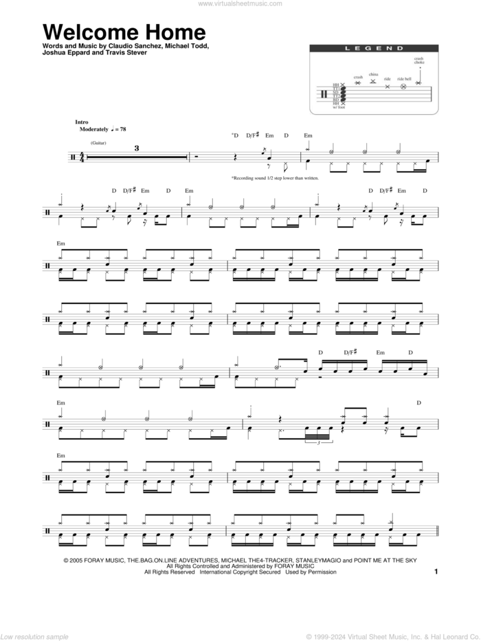 Welcome Home sheet music for drums by Coheed And Cambria, Claudio Sanchez, Joshua Eppard, Michael Todd and Travis Stever, intermediate skill level