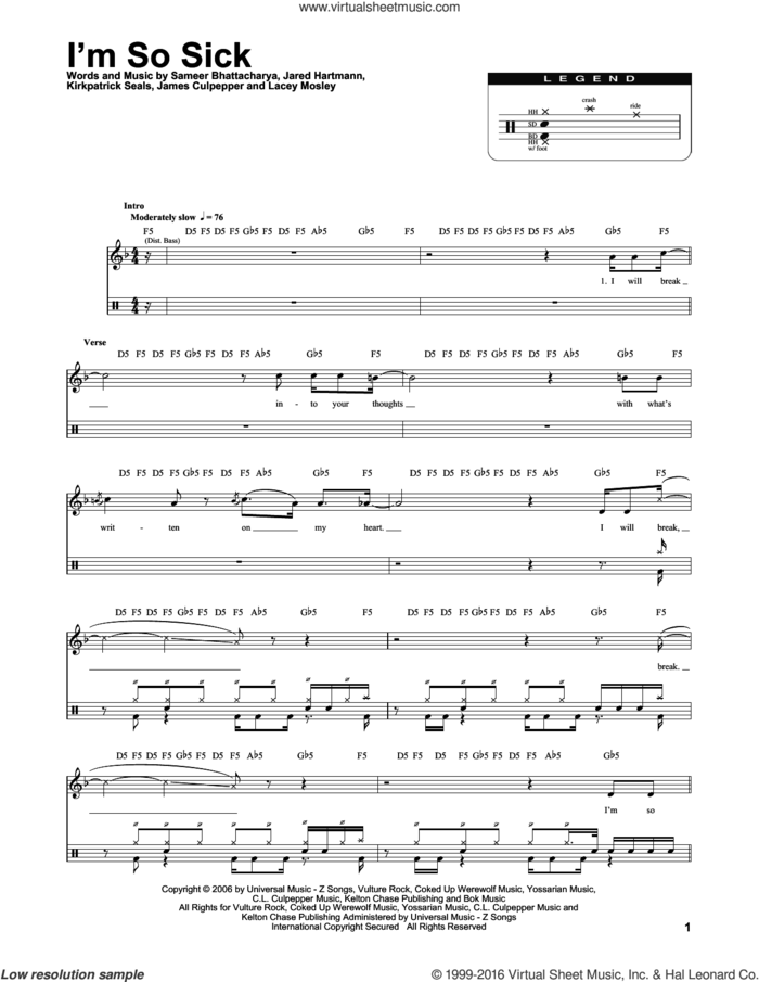 I'm So Sick sheet music for drums by Flyleaf, James Culpepper, Jared Hartmann, Kirkpatrick Seals, Lacey Mosley and Sameer Bhattacharya, intermediate skill level