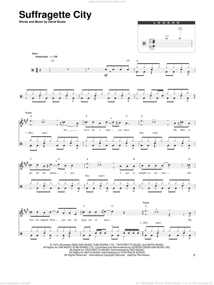 Suffragette City sheet music for drums by David Bowie, intermediate skill level