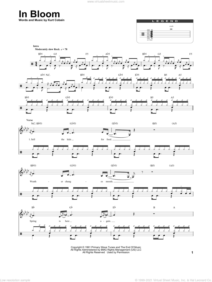 In Bloom sheet music for drums by Nirvana and Kurt Cobain, intermediate skill level