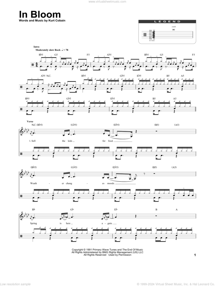 In Bloom sheet music for drums by Nirvana and Kurt Cobain, intermediate skill level