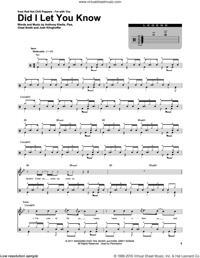 Did I Let You Know sheet music for drums by Red Hot Chili Peppers, Anthony Kiedis, Chad Smith, Flea and Josh Klinghoffer, intermediate skill level