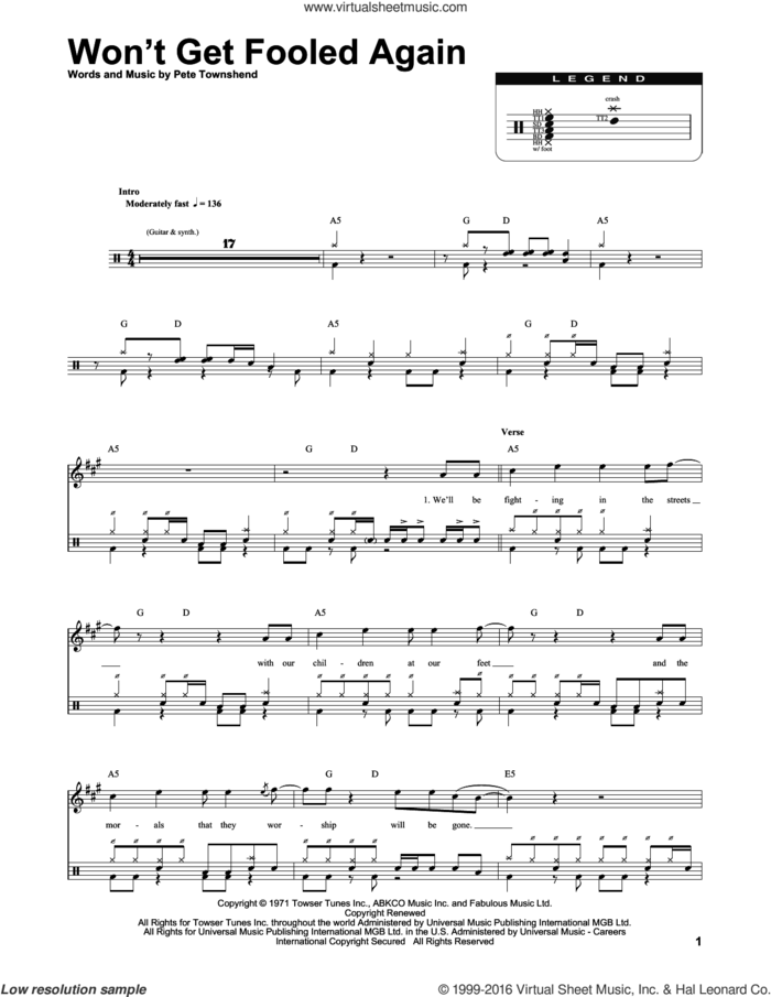 Won't Get Fooled Again sheet music for drums by The Who and Pete Townshend, intermediate skill level