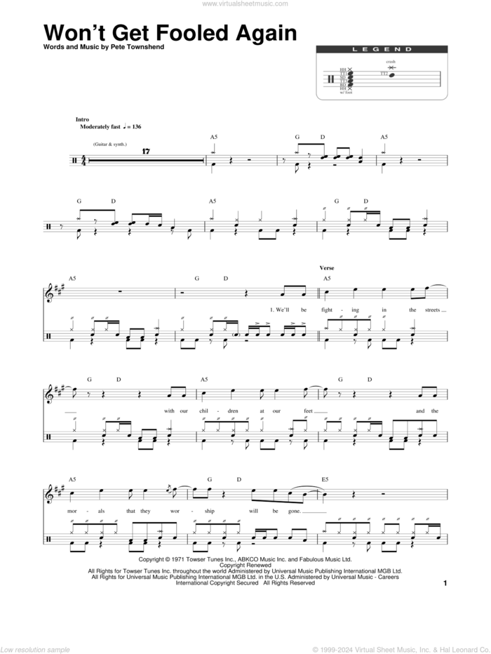 Won't Get Fooled Again sheet music for drums by The Who and Pete Townshend, intermediate skill level