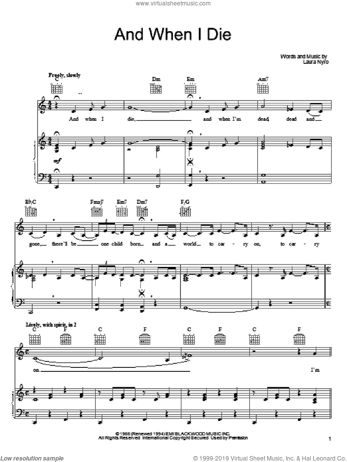 And When I Die sheet music for voice, piano or guitar by Laura Nyro and Blood, Sweat & Tears, intermediate skill level