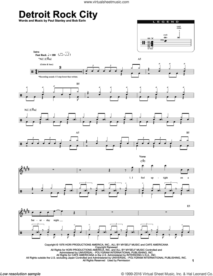 Detroit Rock City sheet music for drums by KISS, Bob Ezrin and Paul Stanley, intermediate skill level