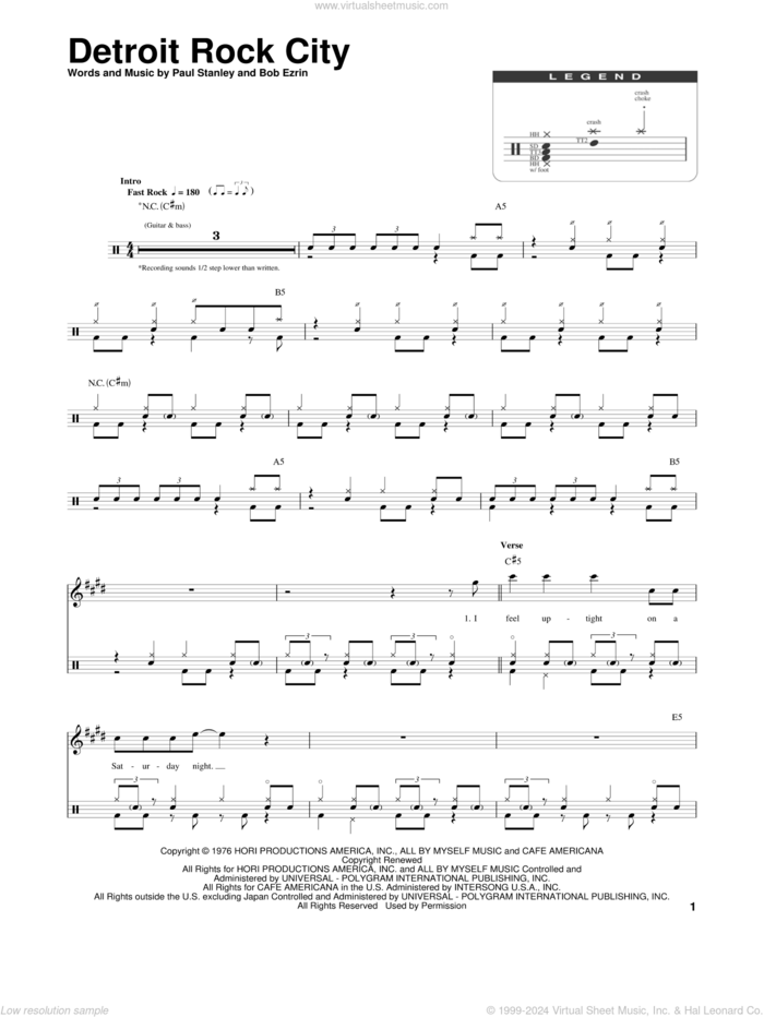 Detroit Rock City sheet music for drums by KISS, Bob Ezrin and Paul Stanley, intermediate skill level