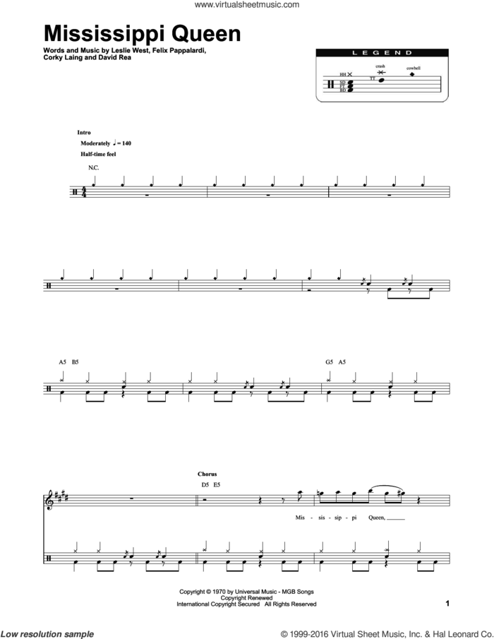 Mississippi Queen sheet music for drums by Mountain, Corky Laing, David Rea, Felix Pappalardi and Leslie West, intermediate skill level