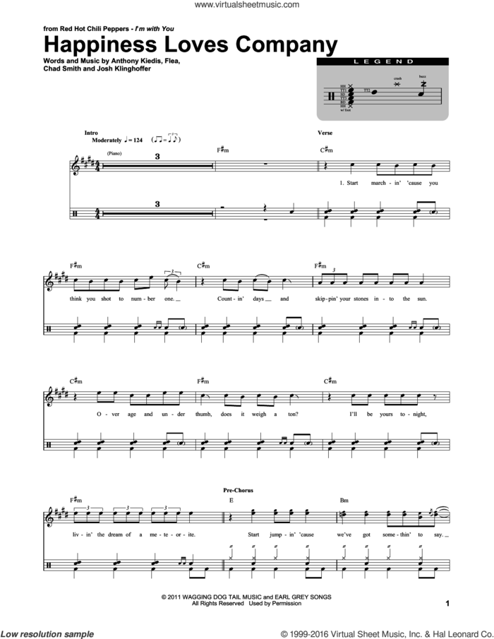 Happiness Loves Company sheet music for drums by Red Hot Chili Peppers, Anthony Kiedis, Chad Smith, Flea and Josh Klinghoffer, intermediate skill level