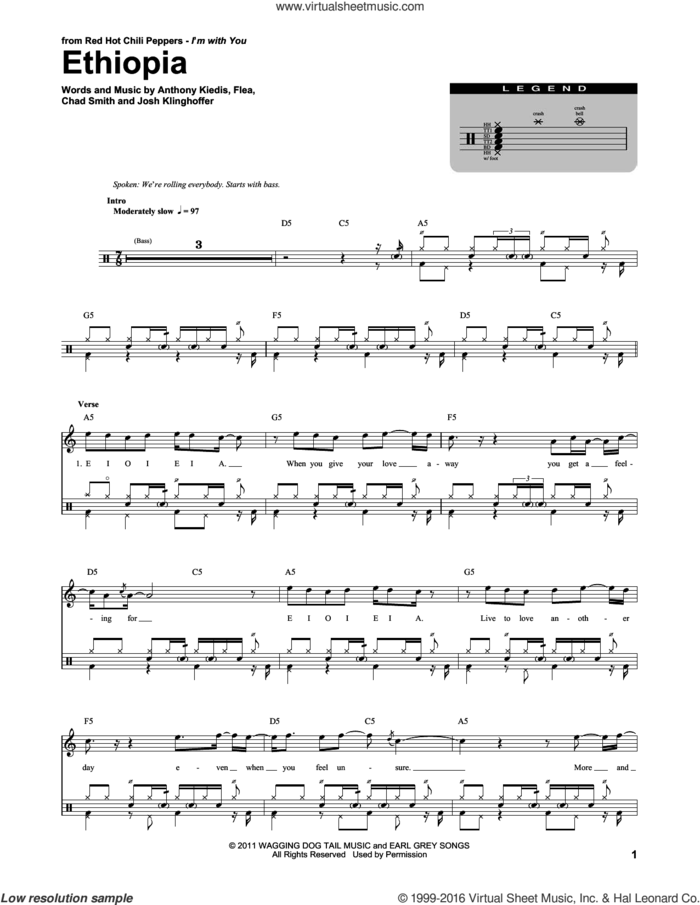 Ethiopia sheet music for drums by Red Hot Chili Peppers, Anthony Kiedis, Chad Smith, Flea and Josh Klinghoffer, intermediate skill level