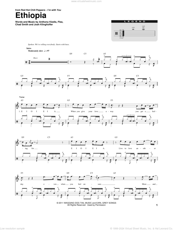 Ethiopia sheet music for drums by Red Hot Chili Peppers, Anthony Kiedis, Chad Smith, Flea and Josh Klinghoffer, intermediate skill level