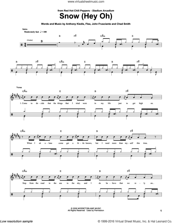 Snow (Hey Oh) sheet music for drums by Red Hot Chili Peppers, Anthony Kiedis, Chad Smith, Flea and John Frusciante, intermediate skill level