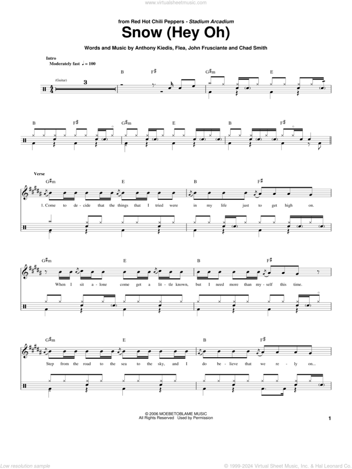 Snow (Hey Oh) sheet music for drums by Red Hot Chili Peppers, Anthony Kiedis, Chad Smith, Flea and John Frusciante, intermediate skill level