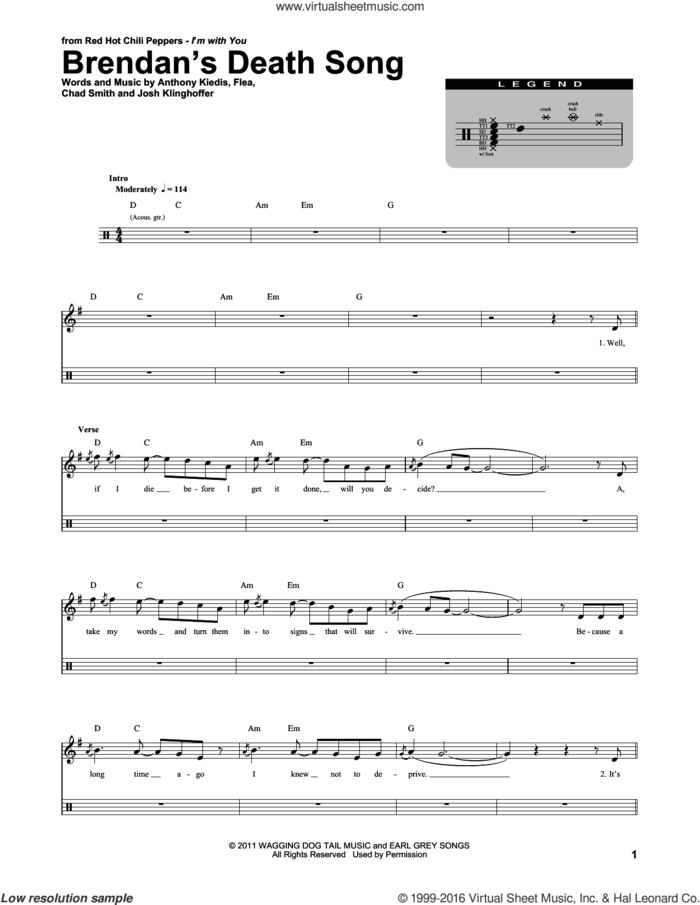Brendan's Death Song sheet music for drums by Red Hot Chili Peppers, Anthony Kiedis, Chad Smith, Flea and Josh Klinghoffer, intermediate skill level