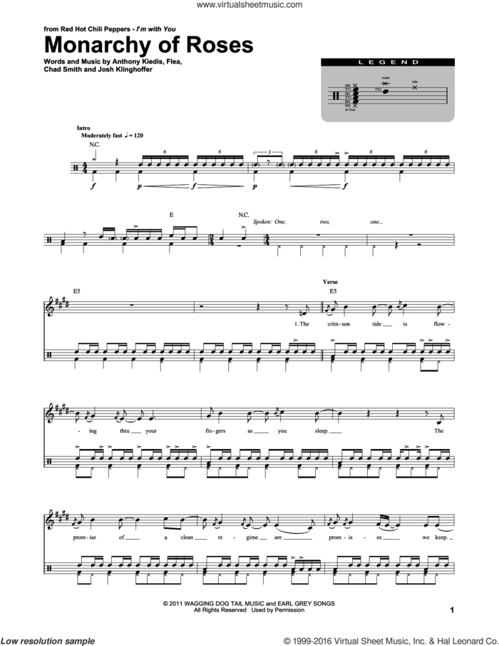 Monarchy Of Roses sheet music for drums by Red Hot Chili Peppers, Anthony Kiedis, Chad Smith, Flea and Josh Klinghoffer, intermediate skill level