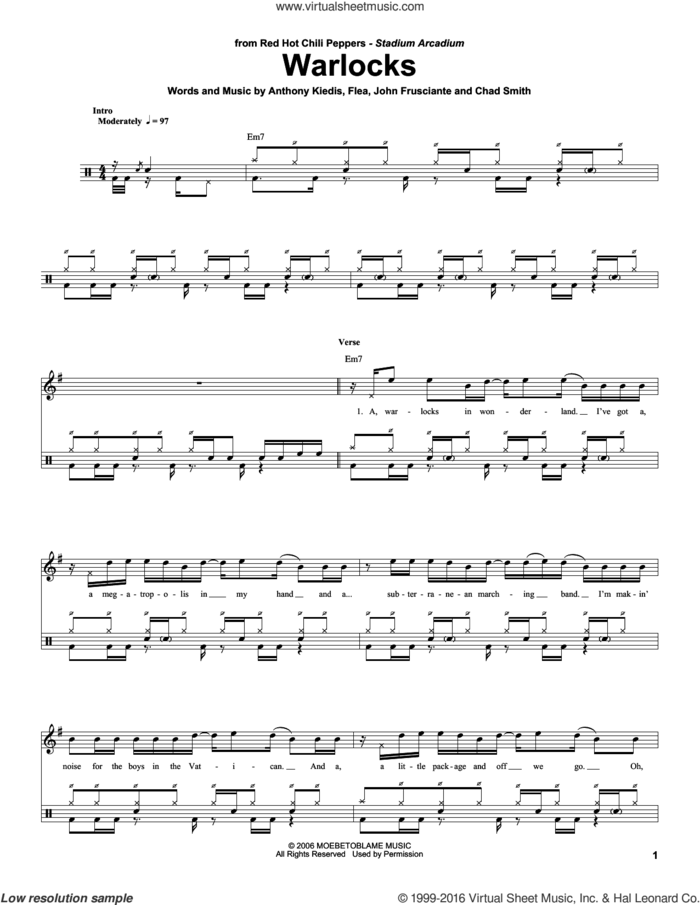Warlocks sheet music for drums by Red Hot Chili Peppers, Anthony Kiedis, Chad Smith, Flea and John Frusciante, intermediate skill level