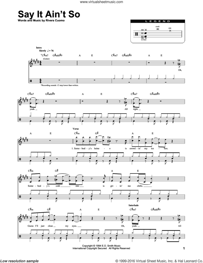 Say It Ain't So sheet music for drums by Weezer and Rivers Cuomo, intermediate skill level