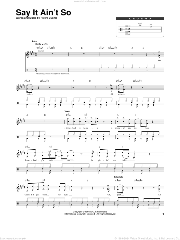 Say It Ain't So sheet music for drums by Weezer and Rivers Cuomo, intermediate skill level