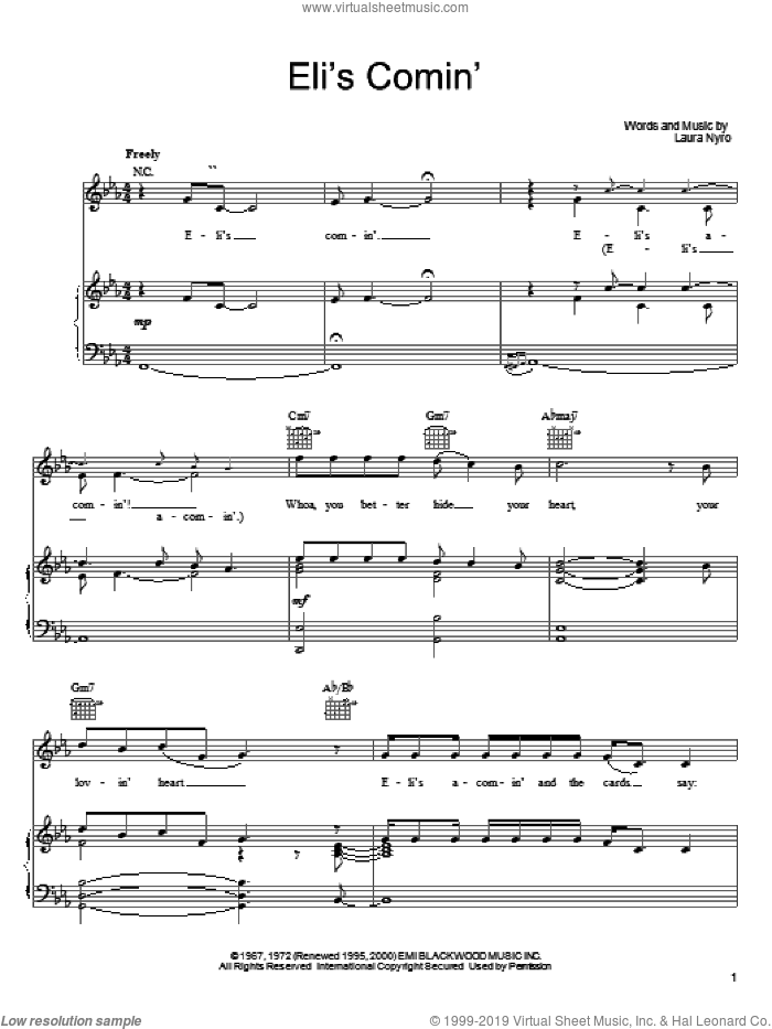 Eli's Comin' sheet music for voice, piano or guitar by Laura Nyro and Three Dog Night, intermediate skill level