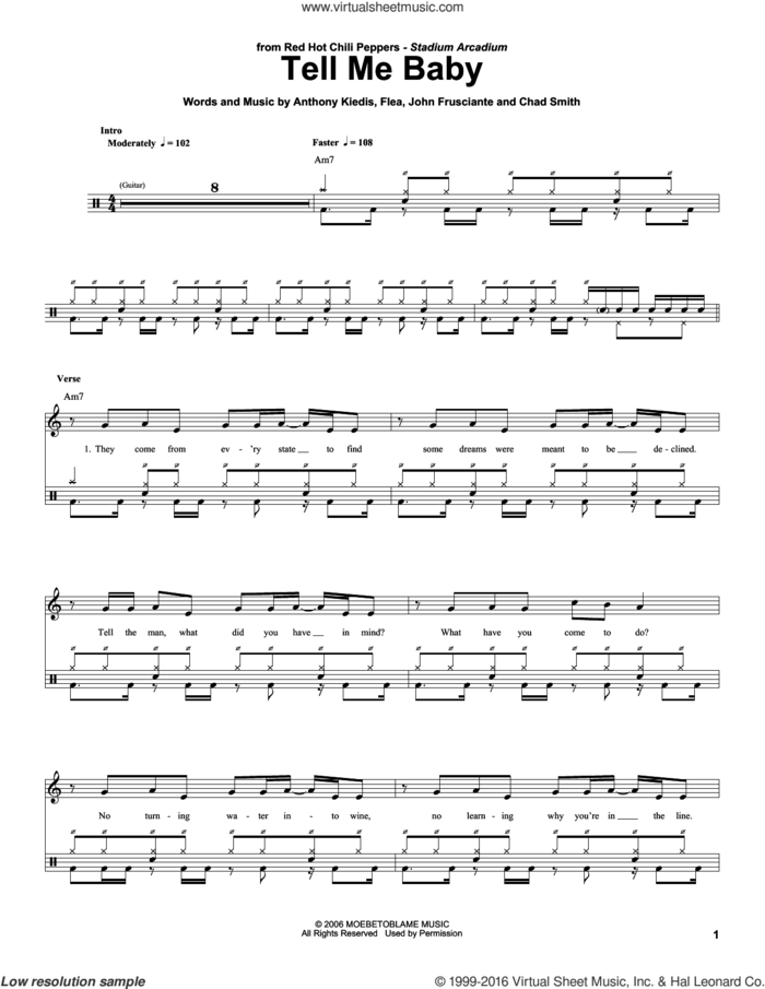 Tell Me Baby sheet music for drums by Red Hot Chili Peppers, Anthony Kiedis, Chad Smith, Flea and John Frusciante, intermediate skill level