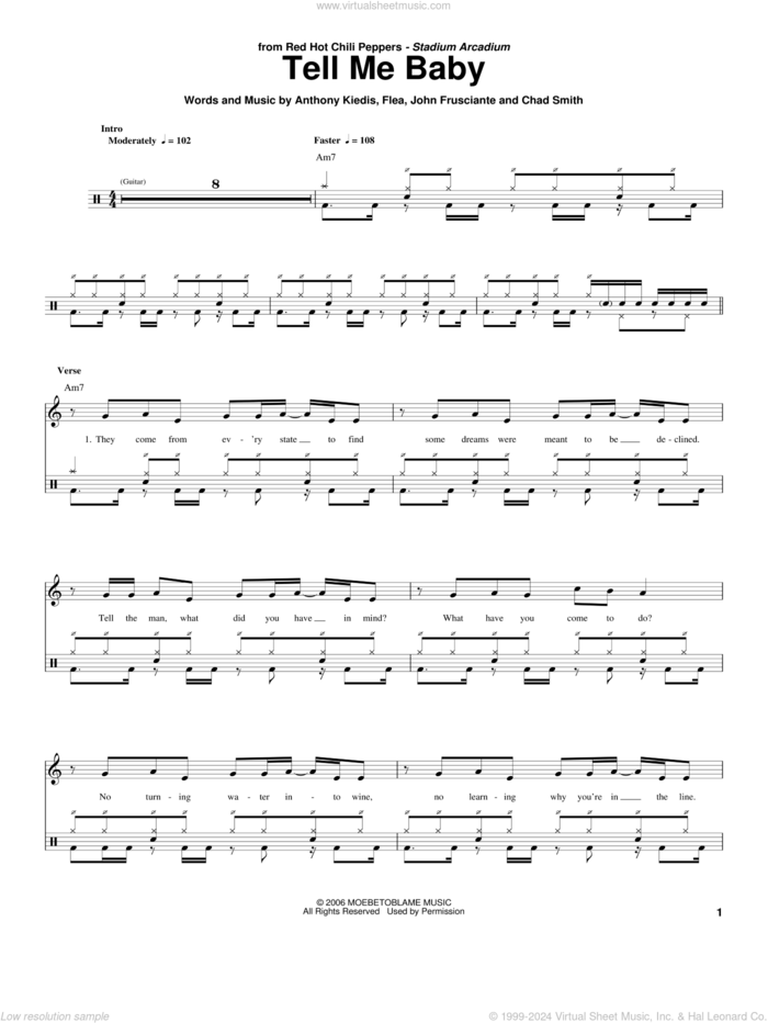 Tell Me Baby sheet music for drums by Red Hot Chili Peppers, Anthony Kiedis, Chad Smith, Flea and John Frusciante, intermediate skill level