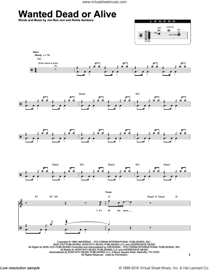 Wanted Dead Or Alive sheet music for drums by Bon Jovi, Chris Daughtry and RICHIE SAMBORA, intermediate skill level