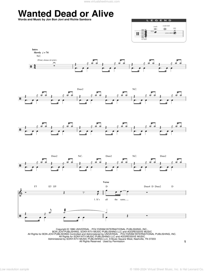 Wanted Dead Or Alive sheet music for drums by Bon Jovi, Chris Daughtry and RICHIE SAMBORA, intermediate skill level