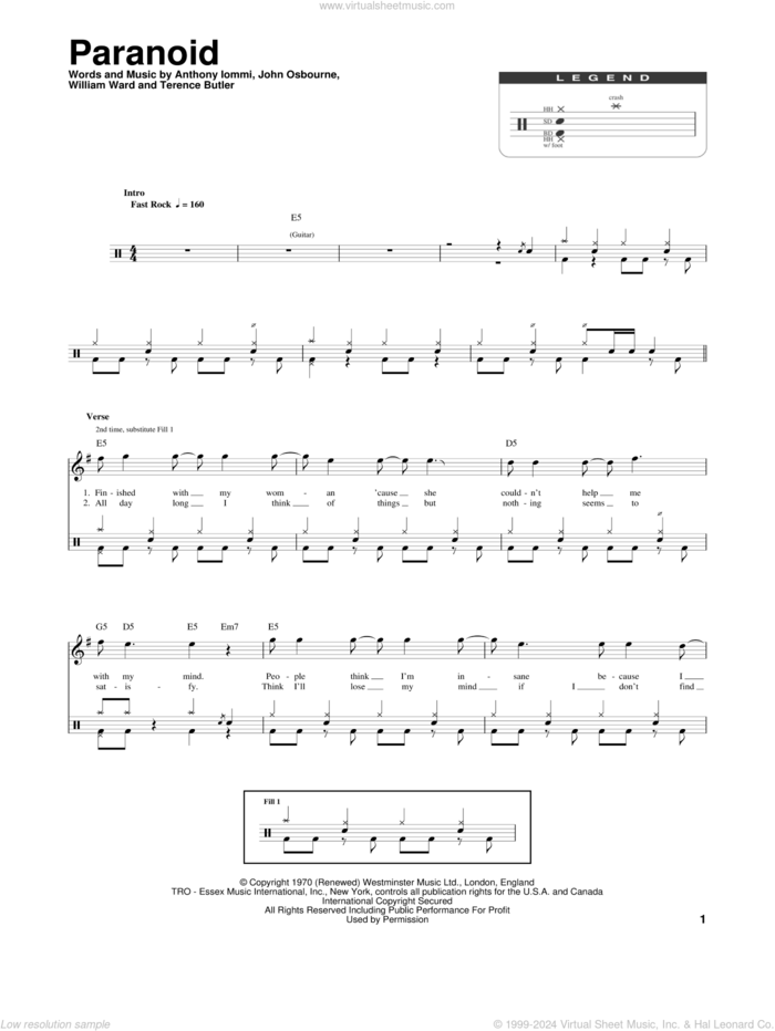 Paranoid sheet music for drums by Black Sabbath, Anthony Iommi, John Osbourne, Terence Butler and William Ward, intermediate skill level