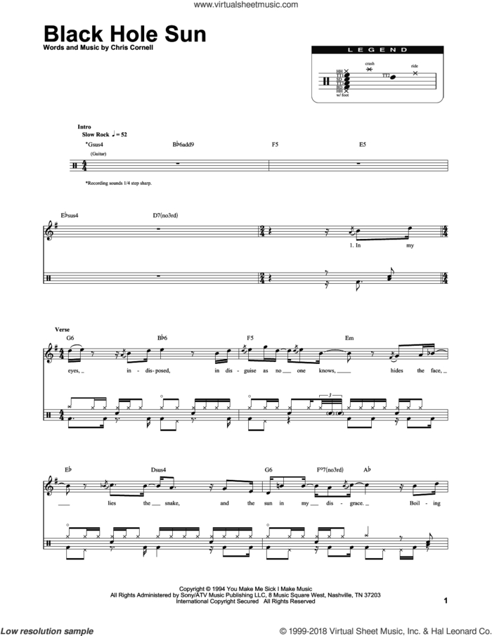 Black Hole Sun sheet music for drums by Soundgarden and Chris Cornell, intermediate skill level