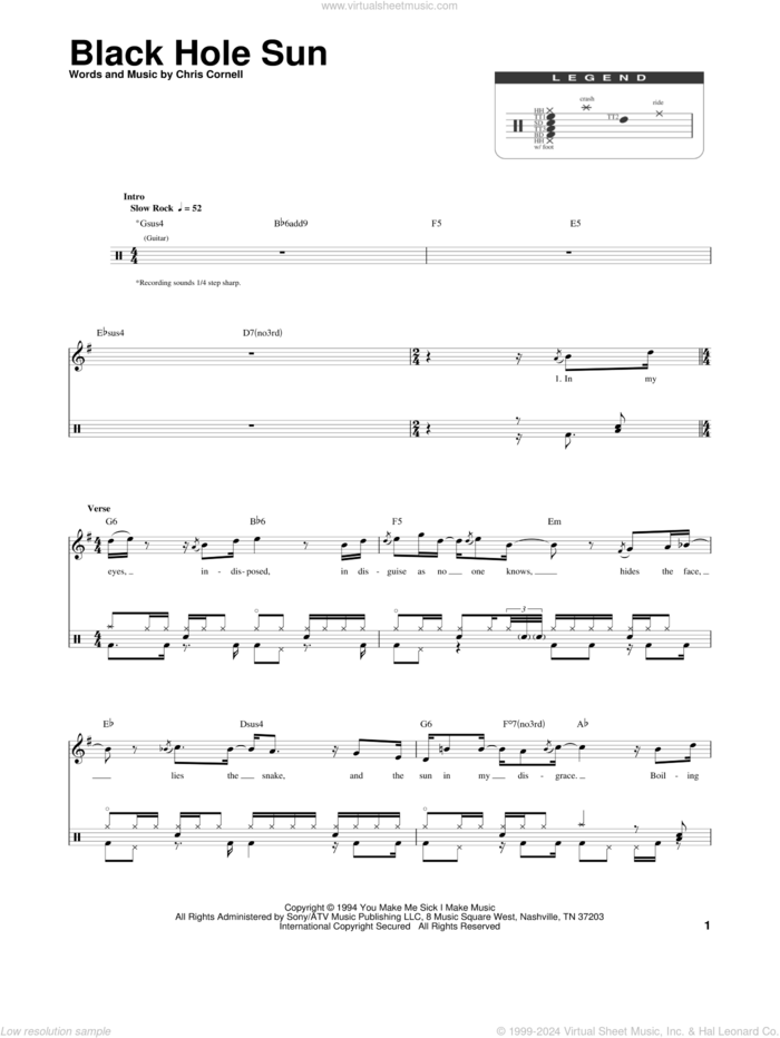 Black Hole Sun sheet music for drums by Soundgarden and Chris Cornell, intermediate skill level