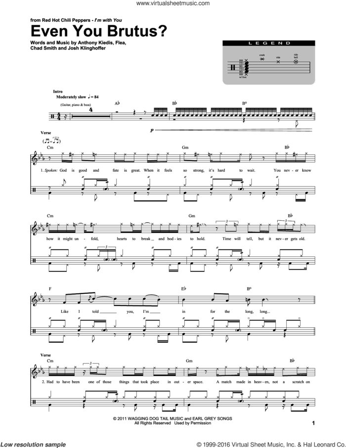 Even You Brutus? sheet music for drums by Red Hot Chili Peppers, Anthony Kiedis, Chad Smith, Flea and Josh Klinghoffer, intermediate skill level