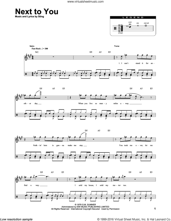 Next To You sheet music for drums by The Police and Sting, intermediate skill level