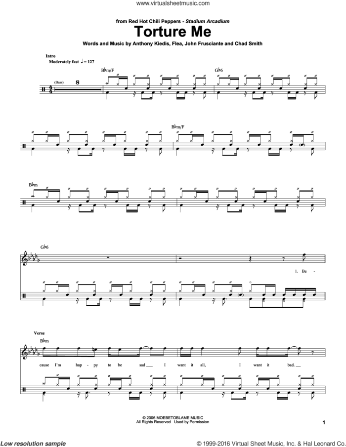 Torture Me sheet music for drums by Red Hot Chili Peppers, Anthony Kiedis, Chad Smith, Flea and John Frusciante, intermediate skill level