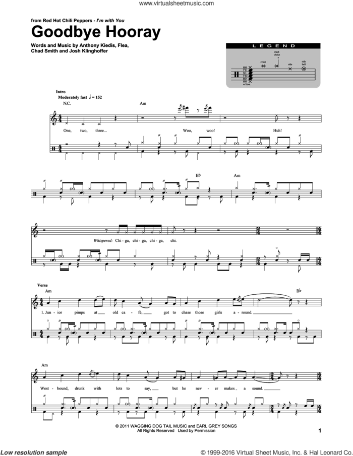 Goodbye Hooray sheet music for drums by Red Hot Chili Peppers, Anthony Kiedis, Chad Smith, Flea and Josh Klinghoffer, intermediate skill level