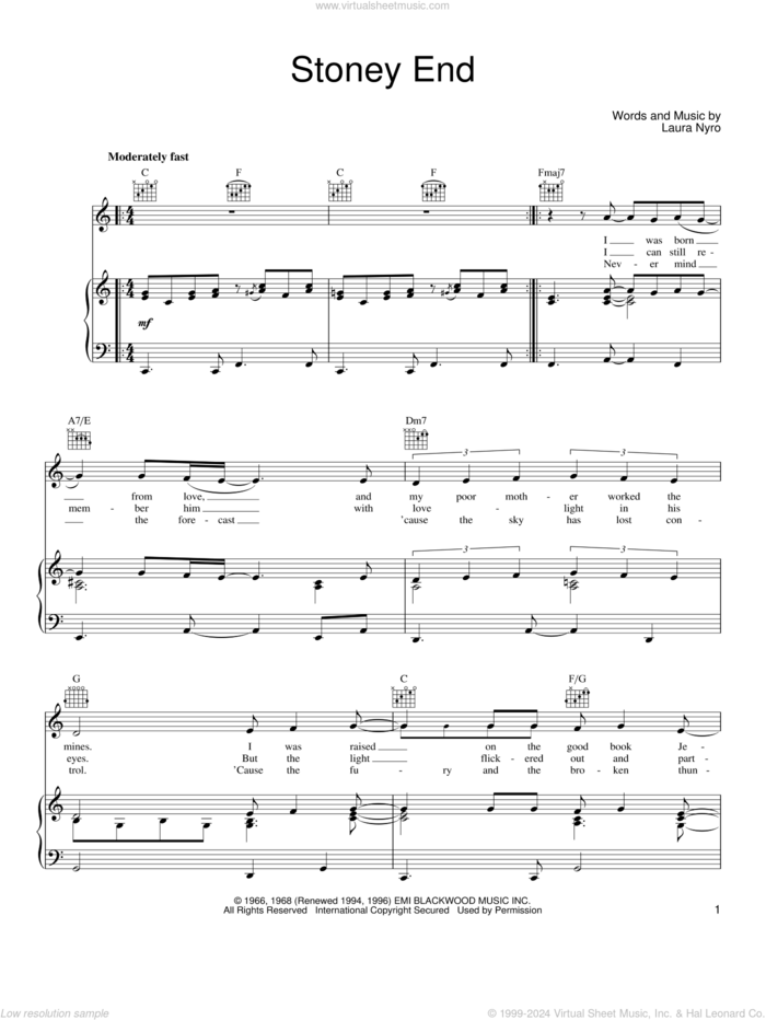 Stoney End sheet music for voice, piano or guitar by Laura Nyro and Barbra Streisand, intermediate skill level
