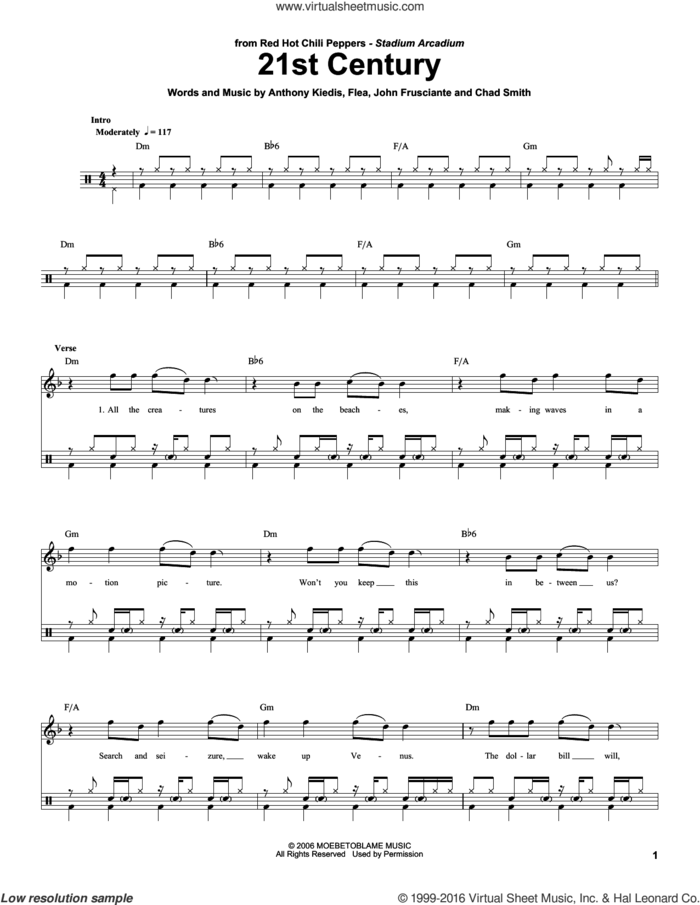 21st Century sheet music for drums by Red Hot Chili Peppers, Anthony Kiedis, Chad Smith, Flea and John Frusciante, intermediate skill level