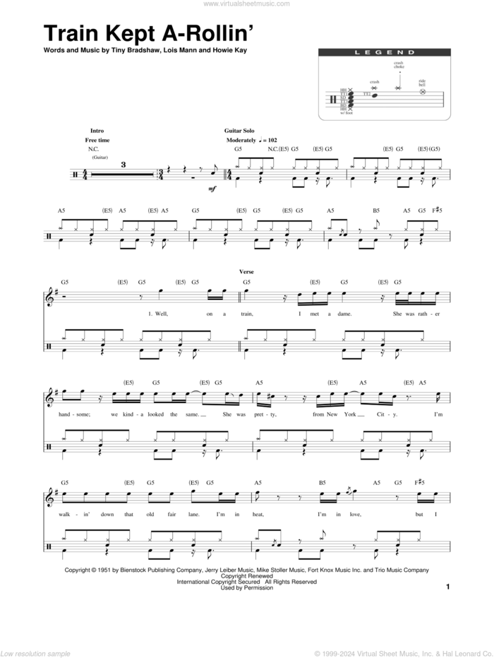 Train Kept A-Rollin' sheet music for drums by Aerosmith, Johnny Burnett, Yardbirds, Howie Kay, Lois Mann and Tiny Bradshaw, intermediate skill level