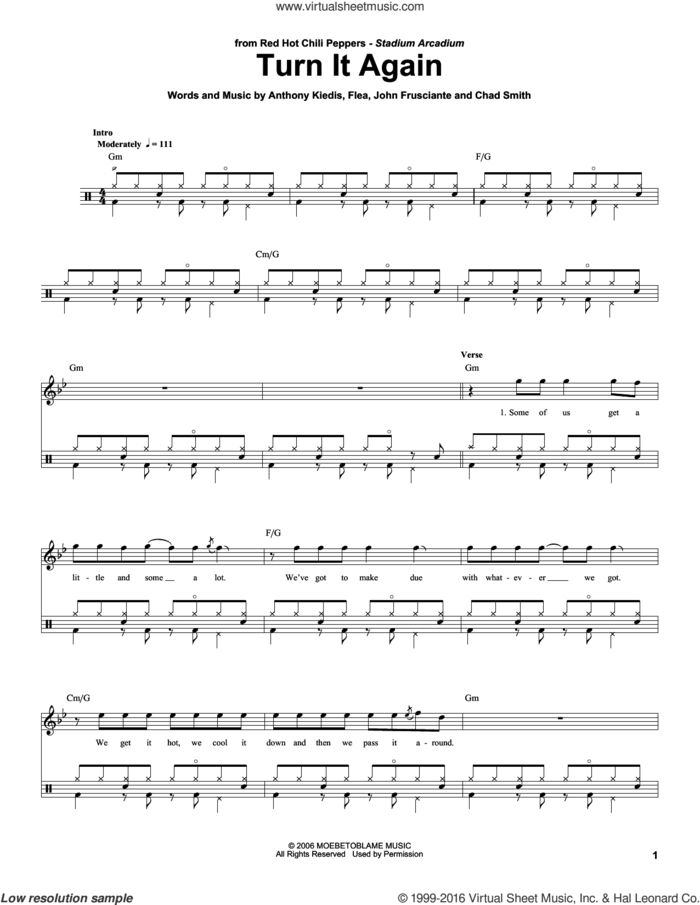 Turn It Again sheet music for drums by Red Hot Chili Peppers, Anthony Kiedis, Chad Smith, Flea and John Frusciante, intermediate skill level