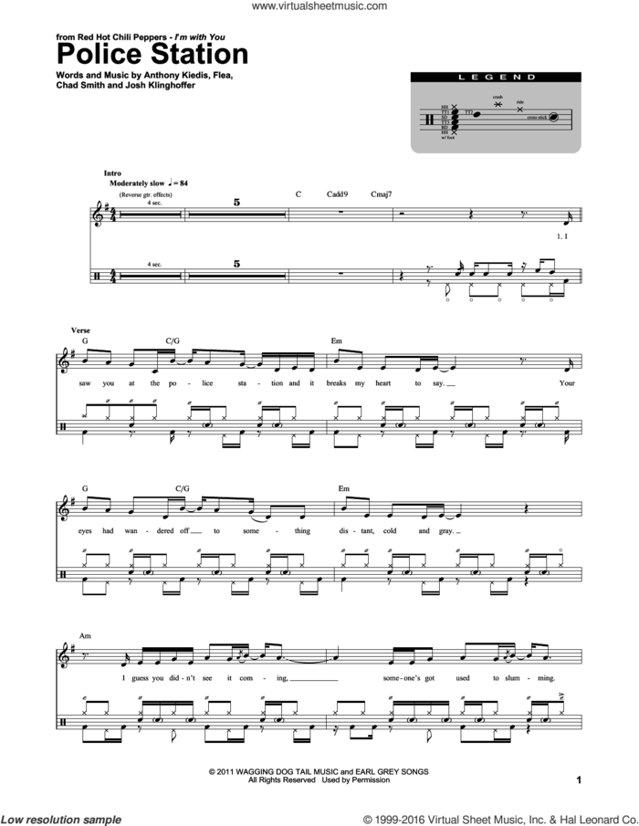 Police Station sheet music for drums by Red Hot Chili Peppers, Anthony Kiedis, Chad Smith, Flea and Josh Klinghoffer, intermediate skill level