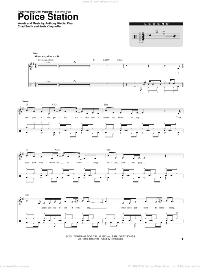 Police Station sheet music for drums by Red Hot Chili Peppers, Anthony Kiedis, Chad Smith, Flea and Josh Klinghoffer, intermediate skill level